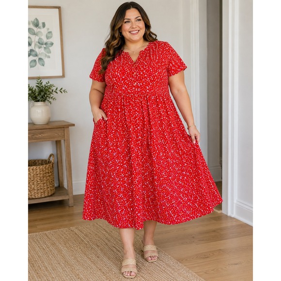 Erika Woman Dresses & Skirts - Erika Woman Red‎ Floral Midi Dress Cottagecore 2X Pockets Prairie Plus Size